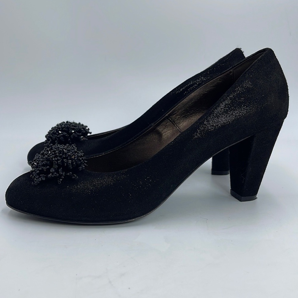 AGL Attilio Giusti Leombruni Shiny Black Heels Beaded Pom Poms Size 39 1/2